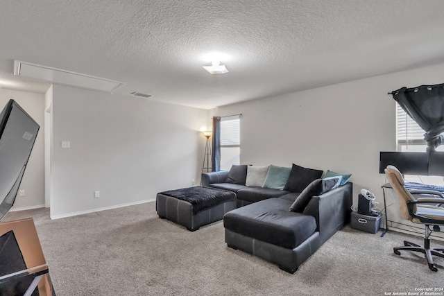 carpeted living room with a textured ceiling