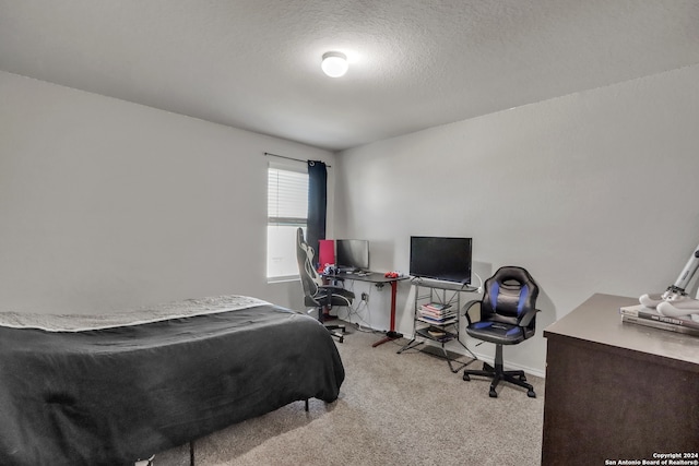 carpeted bedroom with a textured ceiling