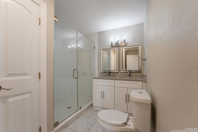 bathroom featuring vanity, an enclosed shower, tile patterned flooring, and toilet