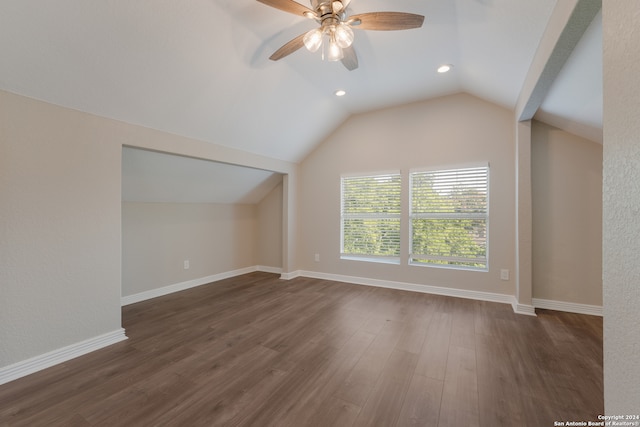 bonus room featuring ceiling fan, hardwood / wood-style flooring, and lofted ceiling