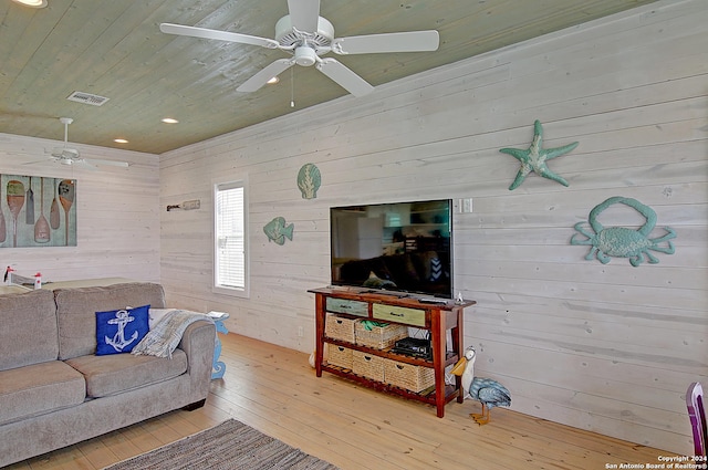 living room featuring wood ceiling, ceiling fan, wood walls, and hardwood / wood-style flooring