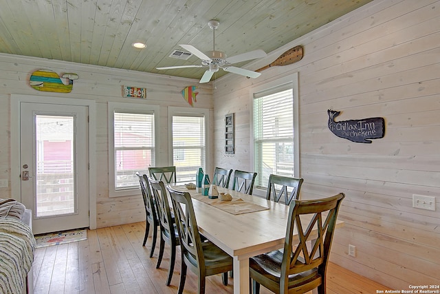 dining space with hardwood / wood-style flooring, wood ceiling, wooden walls, and ceiling fan