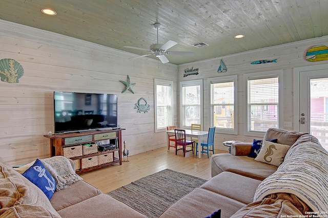 living room featuring wooden walls, wood ceiling, hardwood / wood-style floors, and ceiling fan