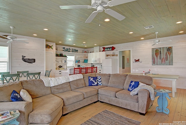 living room with wood walls, light hardwood / wood-style flooring, ceiling fan, and wood ceiling