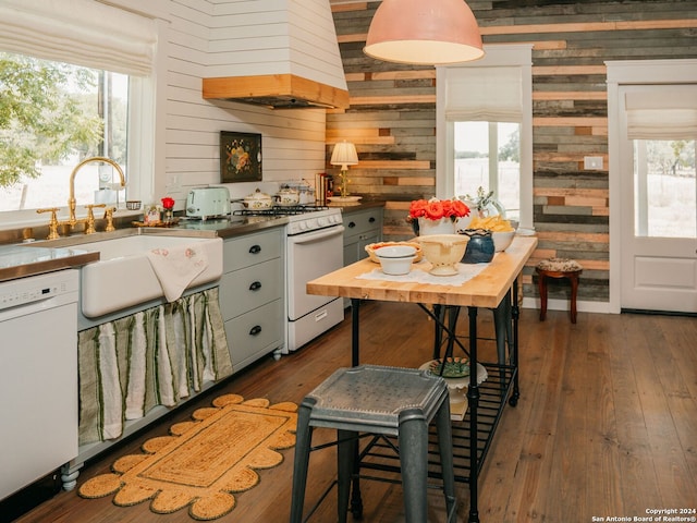 kitchen with wood walls, a healthy amount of sunlight, and white appliances