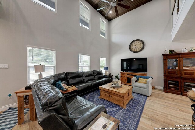 living room with wood ceiling, a wealth of natural light, high vaulted ceiling, ceiling fan, and wood-type flooring