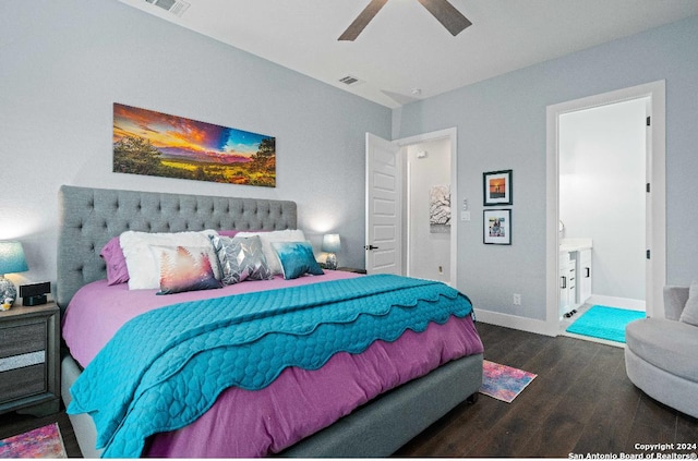 bedroom with hardwood / wood-style flooring and ceiling fan