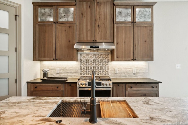 kitchen featuring stainless steel range with gas stovetop, extractor fan, and decorative backsplash