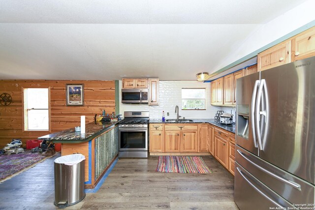 kitchen with sink, dark stone countertops, kitchen peninsula, dark wood-type flooring, and stainless steel appliances