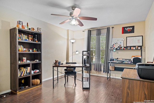 office featuring ceiling fan and dark hardwood / wood-style flooring