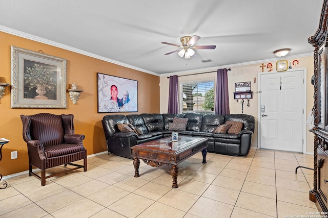 living room with ceiling fan, light tile patterned flooring, and crown molding