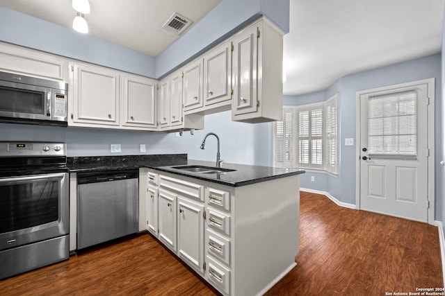 kitchen featuring kitchen peninsula, appliances with stainless steel finishes, dark hardwood / wood-style flooring, sink, and white cabinetry