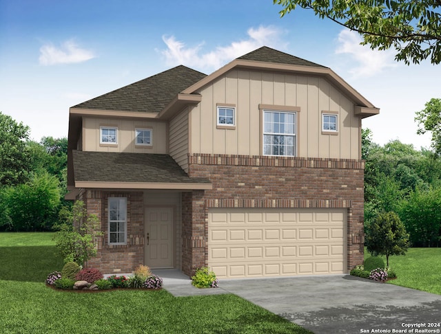 view of front of property featuring a front lawn and a garage