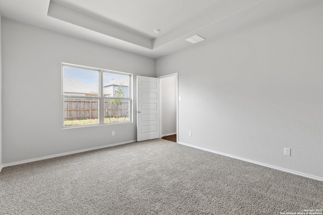 empty room featuring a tray ceiling and carpet floors