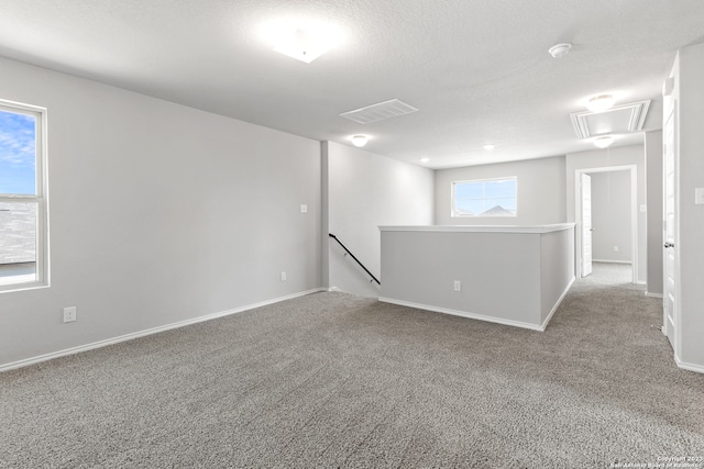 empty room featuring light colored carpet, a textured ceiling, and a wealth of natural light