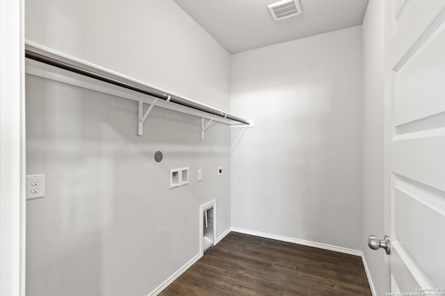 laundry area featuring washer hookup, hookup for an electric dryer, hookup for a gas dryer, and dark hardwood / wood-style flooring