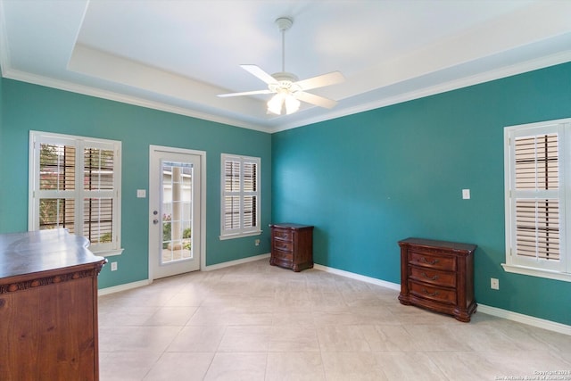 bedroom with crown molding, light tile patterned floors, and ceiling fan