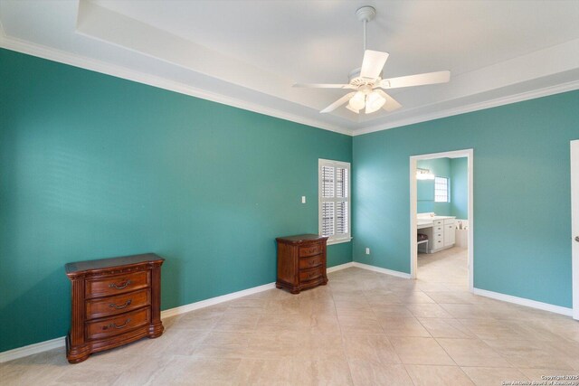 tiled bedroom featuring connected bathroom, ceiling fan, and ornamental molding