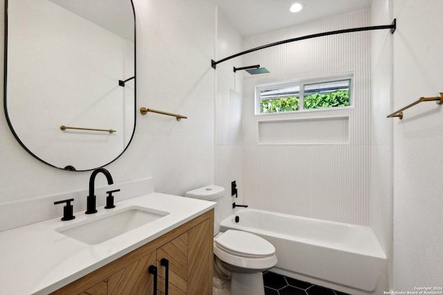 full bathroom featuring shower / bathing tub combination, vanity, toilet, and tile patterned floors