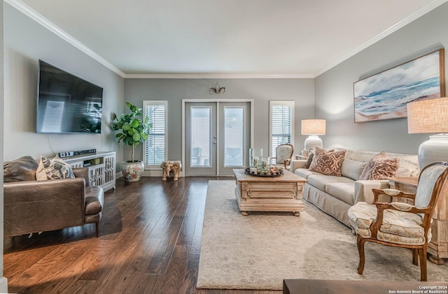 living room with dark wood-type flooring, crown molding, french doors, and a healthy amount of sunlight