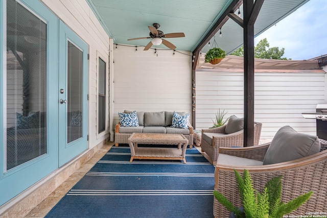 view of patio / terrace with outdoor lounge area, ceiling fan, and french doors