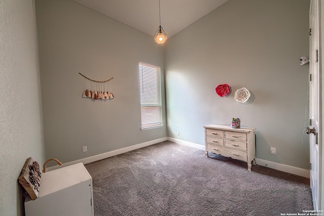 interior space featuring lofted ceiling and dark carpet