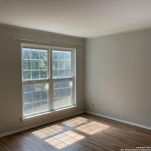 empty room with crown molding, plenty of natural light, and wood-type flooring