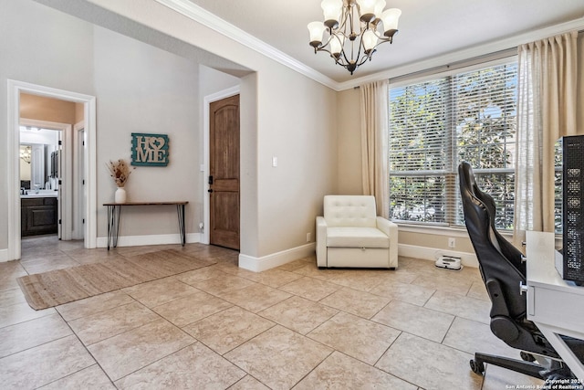 unfurnished office featuring an inviting chandelier, light tile patterned flooring, and crown molding