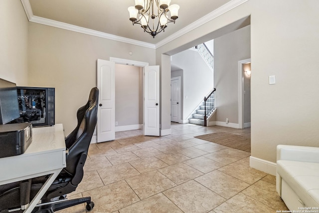 office with crown molding and a chandelier