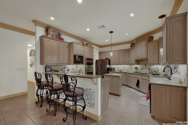 tiled living room with ceiling fan, a stone fireplace, ornamental molding, and a tray ceiling