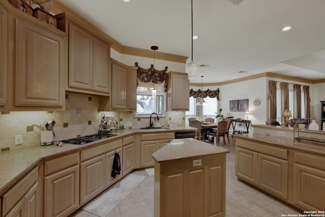 dining area with tile patterned floors, crown molding, and a chandelier