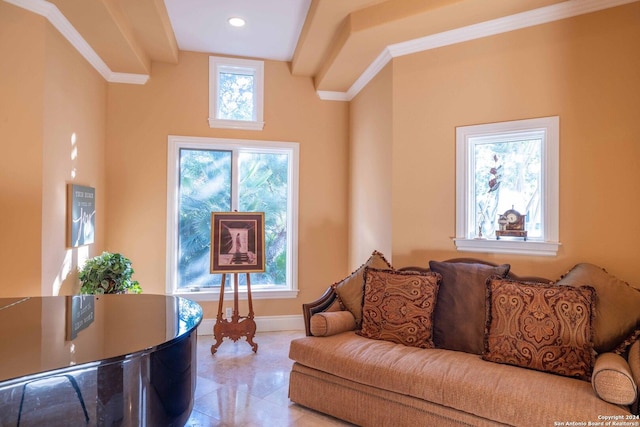 tiled living room featuring ornamental molding