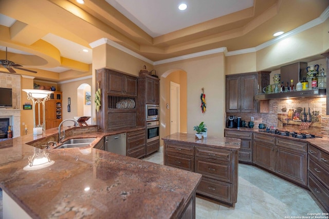 kitchen featuring sink, stainless steel appliances, dark brown cabinetry, a center island with sink, and a raised ceiling