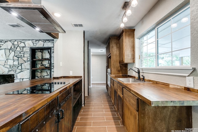 kitchen featuring wooden counters, island exhaust hood, black electric stovetop, stainless steel oven, and sink