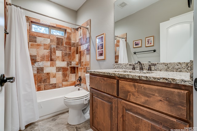 full bathroom featuring vanity, shower / tub combo, toilet, and tile patterned floors