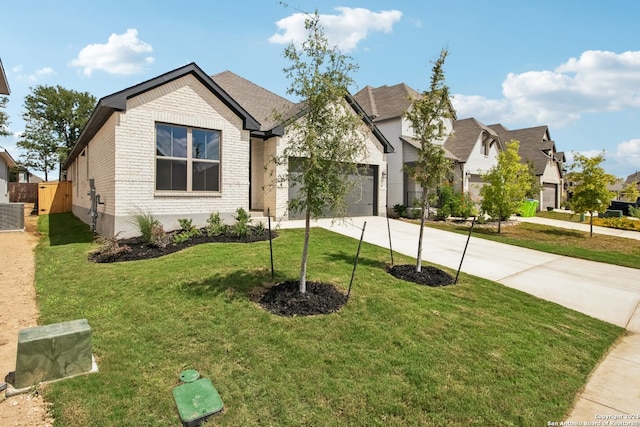 view of front of home with a garage, a front lawn, and central air condition unit