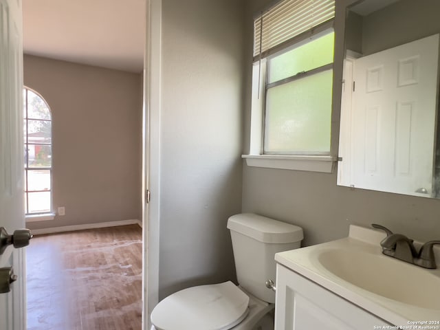 bathroom with wood-type flooring, toilet, vanity, and plenty of natural light