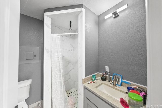 bathroom with vanity, curtained shower, and toilet