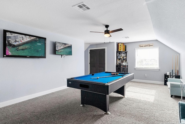 rec room featuring carpet floors, pool table, a textured ceiling, and lofted ceiling