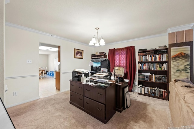 office space with an inviting chandelier, light carpet, and ornamental molding