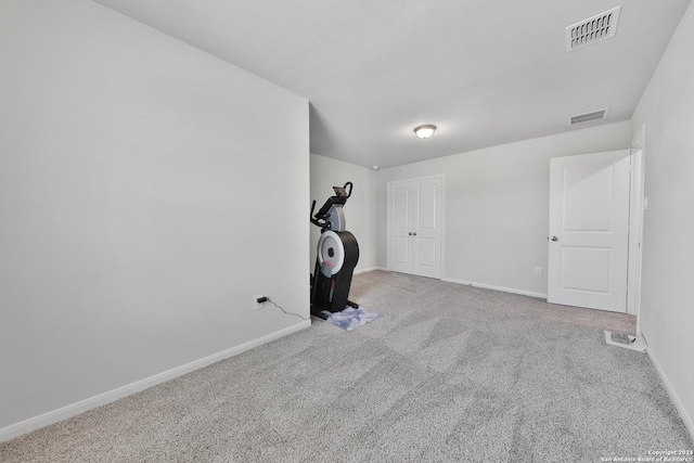 exercise area featuring light carpet