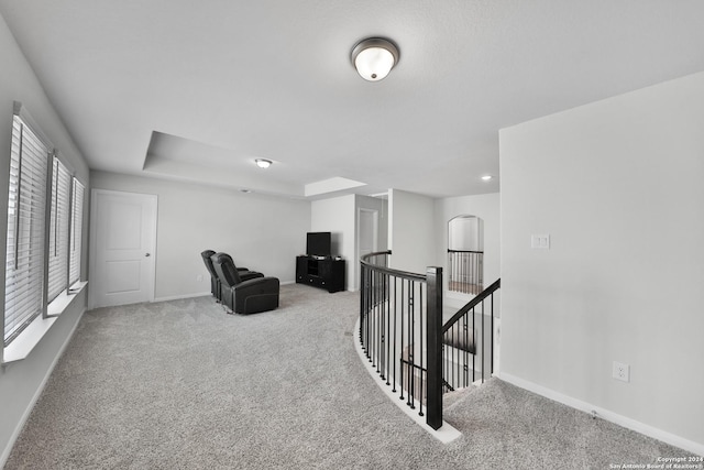 living area featuring light carpet