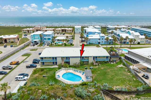 bird's eye view with a water view