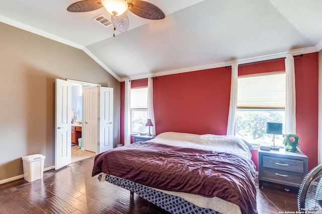 bedroom with ensuite bathroom, wood-type flooring, crown molding, and ceiling fan