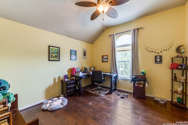 office featuring ceiling fan, vaulted ceiling, and dark wood-type flooring