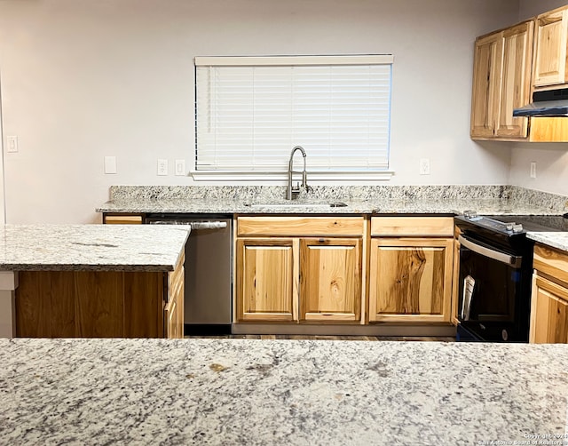 kitchen with light stone counters, stainless steel dishwasher, sink, and black electric range