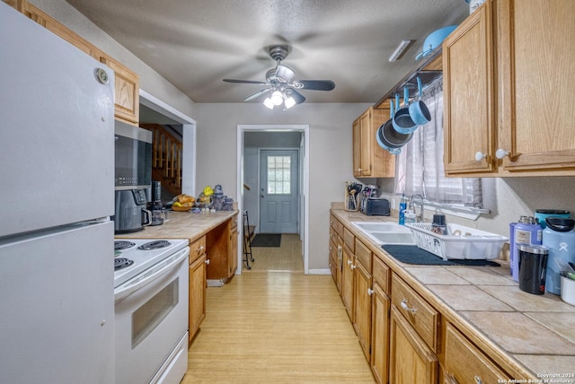 kitchen featuring tile countertops, light hardwood / wood-style floors, white appliances, and sink