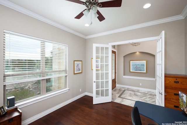 office with dark wood-type flooring, crown molding, french doors, and ceiling fan