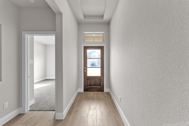 doorway to outside featuring a raised ceiling and light wood-type flooring