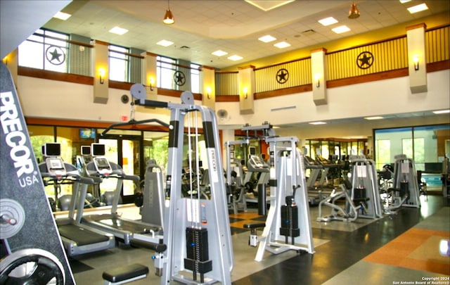 workout area with a towering ceiling, a drop ceiling, and a wealth of natural light